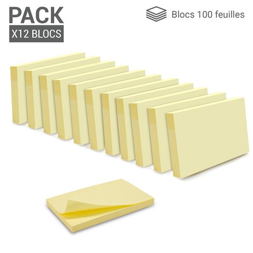 1200 Notes autocollantes repositionnables 12 blocs de 100 feuillets grand format 75 x 125 mm jaune