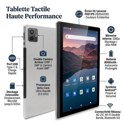 Non Communiqué Noir Tablette Tactile 14.1 Pouces 4G Grand Écran Full Hd Android Rom 4Go+128Go + Sd 256Go Yonis