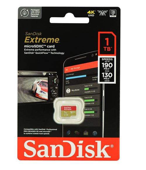 Carte Mémoire Micro SDXC SanDisk Extreme 1 To lecture 190Mb/s écriture  130Mb/s Classe 10 A2 V30 U3 - Carte mémoire micro SD - Achat & prix