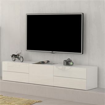 Meuble TV Élégant, Meuble Bas, Blanc Brillant, 200 cm, Éclairage LED, Meuble  de Salon. Design Moderne. Surface en Verre Élégante.