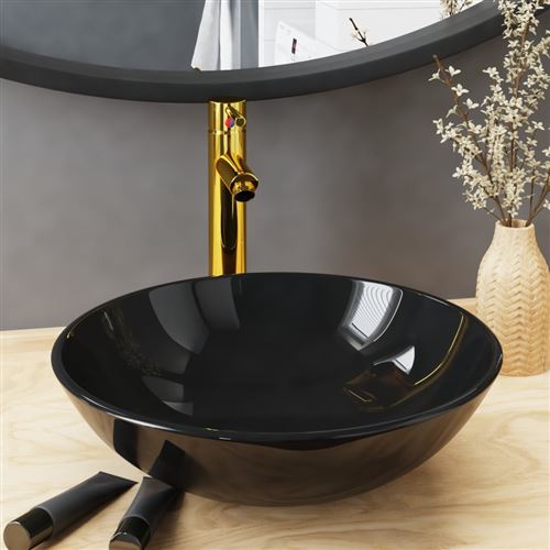 Lavandino Bagno Con Rubinetto E Piletta In Vetro Temperato Nero Vidaxl