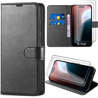 Coque + 2 Verres Trempés pour iPhone 16 Plus, Coque Effet Cuir Noir Fermeture Magnétique - BOOLING - 1