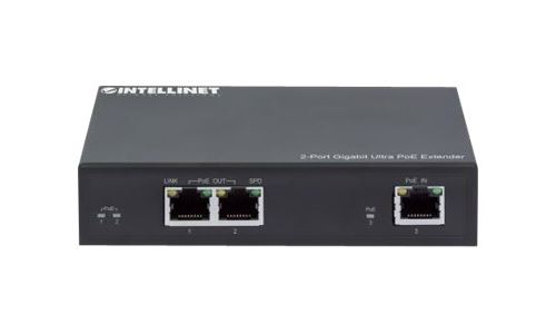 Intellinet 2-Port Gigabit Ultra PoE Extender, Adds up to 100 m (328 ft.) to PoE Range, PoE Power Budget 60 W, Two PSE Ports with 30 W Output Each, IEEE 802.3bt/at/af Compliant, Metal Housing