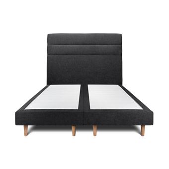Lit 160x200cm avec tête de lit lignes tissu et double sommier tapissier noir - Hauteur totale : 29cm - 1
