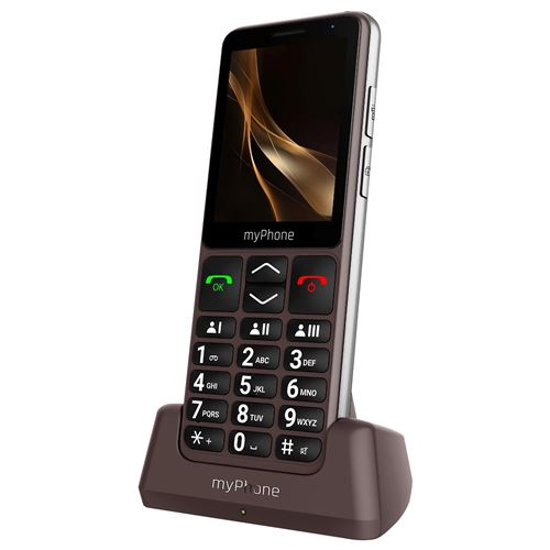 Téléphone Senior touches mémoires Autonomie 18 jours socle de charge myPhone Marron
