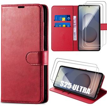 Coque pour Samsung Galaxy S25 Ultra avec 2 Verres Trempés, Flip Case Cuir Synthétique Anti-Rayures Rouge - BOOLING - 1