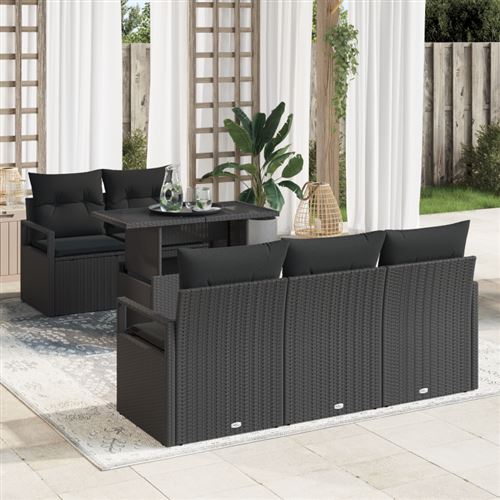 Ensemble de Canapés de Jardin de 6 Pièces avec Coussins en Noir Rattan Poly, Canapé de Jardin 2 Places avec Rangement & Coussin