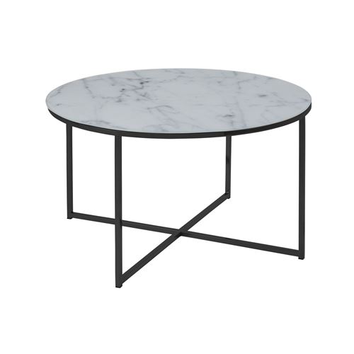 Table basse ronde en verre effet marbre - diam. 80 cm - blanc et noir
