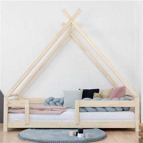 Lit tipi 90 x 200cm avec barrière et tiroir de lit bois massif - bois de  pin/blanc