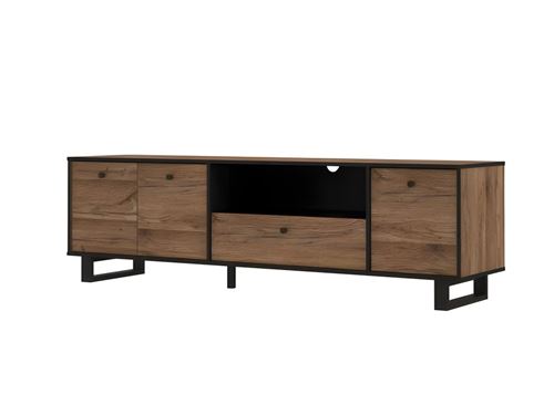 Meuble TV 3 portes 1 tiroir - Decor chene et noir - L 180,8 x P 42 x H 52,8 cm - SEWILL