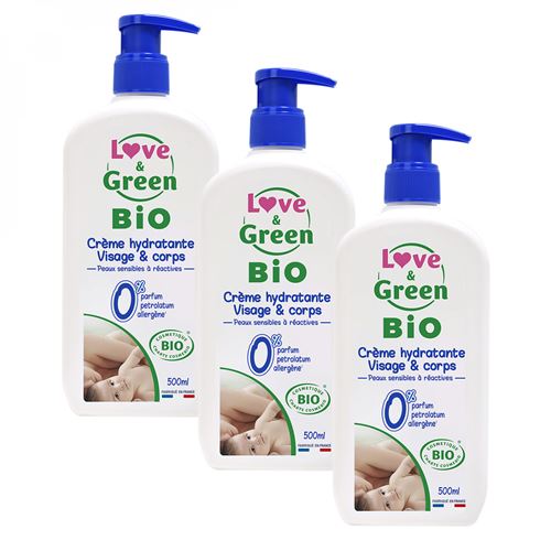 Love and Green - Lot de 3 Crèmes hydratantes bébé visage et corps - 500ml - Bio