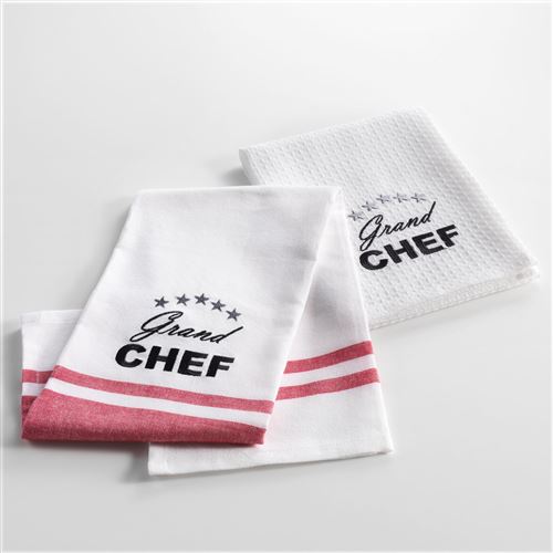 2 torchons 50 x 70 cm coton tisse/nid abeille brode chef etoile Rouge