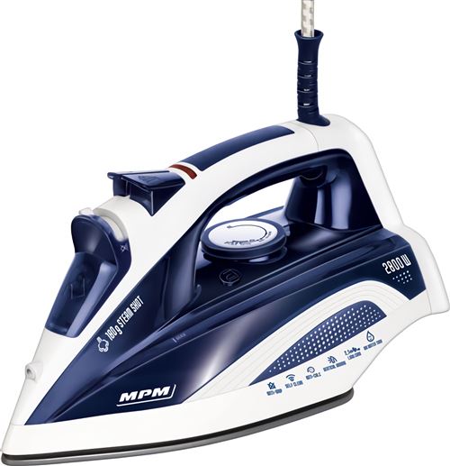 MPM MZE-21/N Fer à repasser pour vêtements à vapeur, semelle en céramique, repassage vertical 2800W Blanco/azul