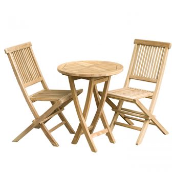 SALON DE JARDIN EN BOIS TECK 2 personnes : Ensemble de jardin - 1 Table  ronde pliante 60 cm et 2 chaises