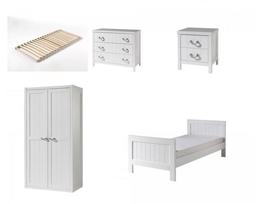 Lit 90x200 - Chevet 2 tiroirs - Armoire 2 portes et Commode 3 tiroirs Lewis - Blanc