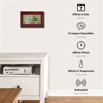Réveil numérique, horloge de chevet en bois avec grand écran LCD