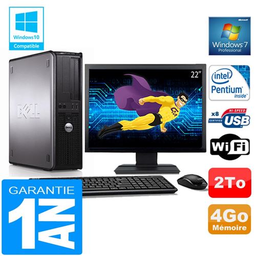 PC Dell 380 Dt Intel E5300 Ram 4Go Disque 2 To WiFi W7 Ecran 22'