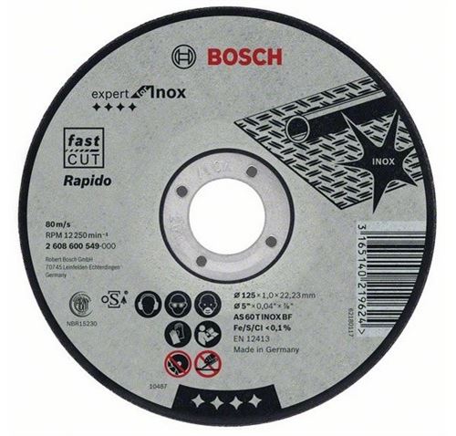 Disque Expert à Tronçonner Bosch à Moyeu Plat Spécial Inox 125X1.0 Mm - 2608600549