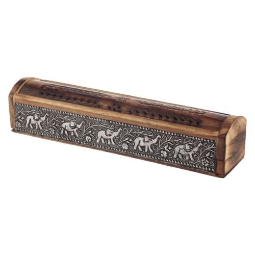 Bois de manguier - Incrustation d'éléphant - Boîte à encens à couvercle coulissant