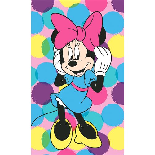 Serviette de bain Minnie Disney robe bleue fond multicolore 30x50cm