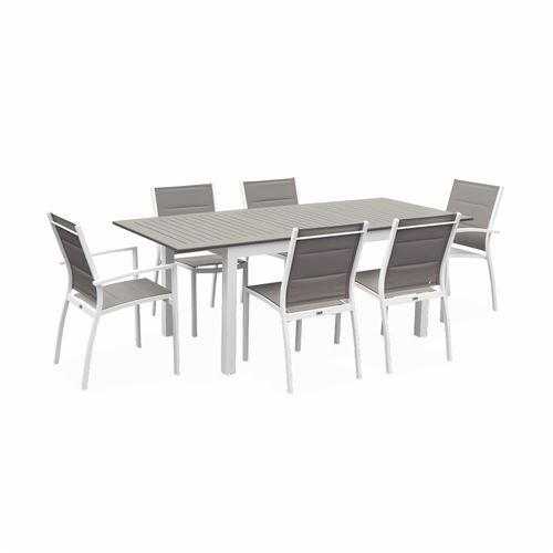 Sweeek Salon de jardin table extensible - Chicago 210 Taupe - Table en aluminium 150/210cm avec rallonge et 6 assises en textilène