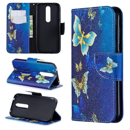 Etui en PU motif imprimé avec support roses et papillons bleus pour votre Nokia 4.2