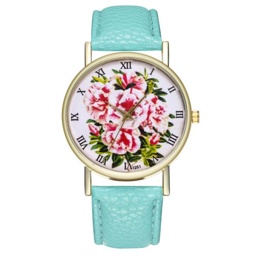 Rhododendron classique montre de fleur plante bracelet en cuir dames montre à quartz T251-AMenthe verte