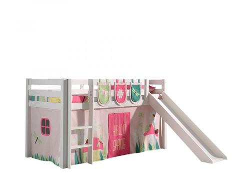 Vipack PINO Lit mezzanine avec toboggan pin massif Blanc + Spring Rideau et 3 pochettes