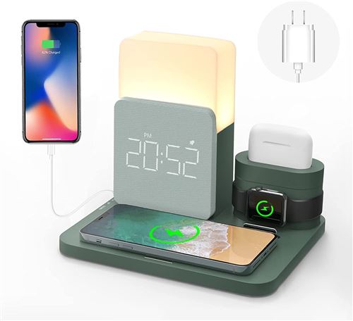 Chargeur sans fil 3 en 1 avec réveil numérique, veilleuse HAOBUY compatible avec Apple Watch iPhone AirPods Android-Vert
