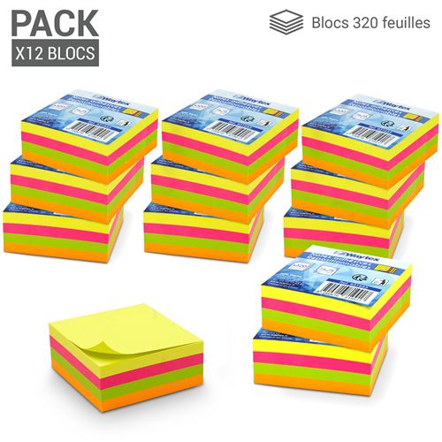3840 Notes autocollantes repositionnables 12 blocs de 320 feuillets multi-couleurs néon 75 x 75 mm