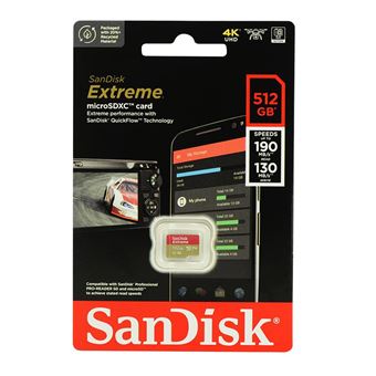 Carte Mémoire micro SDXC SanDisk Extreme 512 Go A2 visite de lecture  190Mo/s écriture 130Mo/s Classe 10 U3 V3 - Carte mémoire micro SD - Achat &  prix