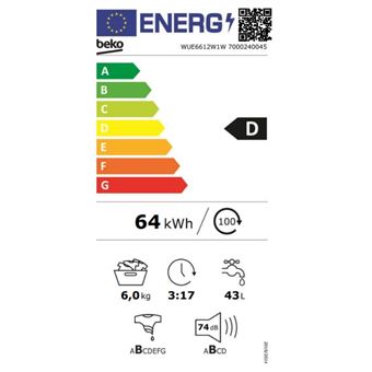 Lave-Linge Hublot Beko WUE6612W1W 6kg 74dB 1200tr/min Polypropylène Blanc