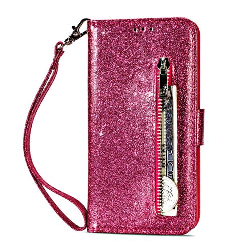 Coque en Cuir Pour Samsung Galaxy S22 Frusde Brillant Etui avec Dragonne et Porte Carte-Rose Rouge