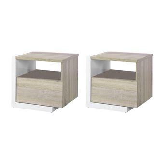 Lot De 2 Tables De Chevet ULAMI – 1 Tiroir + 1 Niche – Tissu Bouclette Blanc – Montées, Dimensions 50x35x41cm