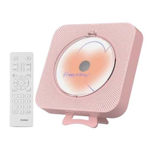 Brightake Lecteur CD Bluetooth, compact, léger, activation/désactivation par minuterie, BT 5.0, FM, port USB/TF, avec support, rechargeable, 16,7 x 16,7 x 3 cm, rose