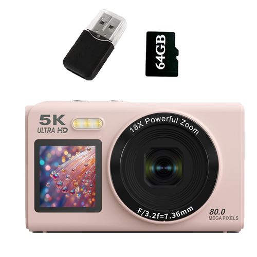 Appareil Photo Num&eacute;rique Compact 5K - Zoom 18X + 80MP + Ecran IPS 2,8"" + Carte 64GB - Rose