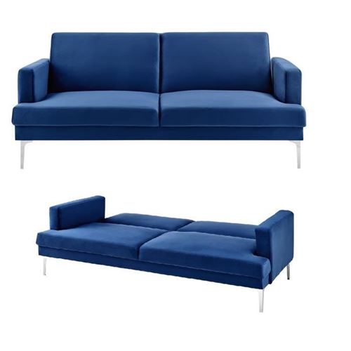 Banquette convertible 3 places - Velours bleu - L 193 x P 86 x H 86 cm - ANGEL
