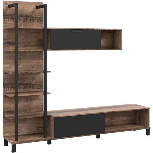 GELUZA Paroi murale 2 portes abattantes + 5 etageres - Decor chene et noir - L 204,6 x P 41,6 x H 190 cm