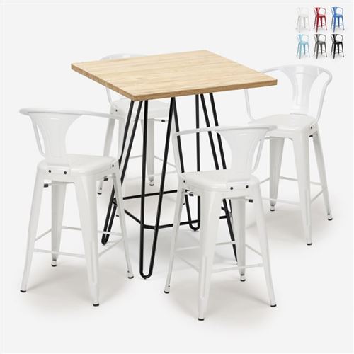 Ensemble 4 Tabourets Tolix Table Bois 60x60cm Industriel Bar Cuisine Mason, Couleur: Blanc
