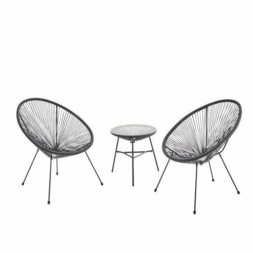 Lot de 2 fauteuils ACAPULCO forme d'oeuf avec table d'appoint - Noir - Fauteuils 4 pieds design rétro avec table basse cordage plastique intérieur / extérieur