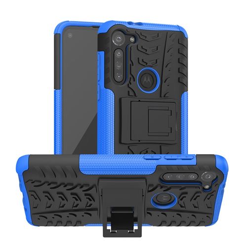 Coque en TPU modèle de pneu cool hybride avec béquille noir/bleu pour votre Motorola Moto G8 Power