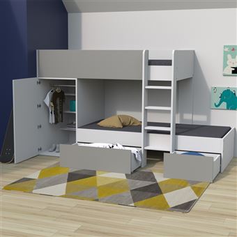 12 62 Sur Lit Superpose Twin 90x190 Avec Armoire Et Tiroirs 2 Sommiers Blanc Et Gris Achat Prix Fnac