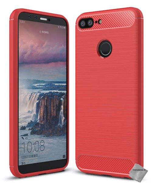 Housse etui coque silicone gel carbone pour Huawei Honor 9 Lite avec verre trempe - ROUGE