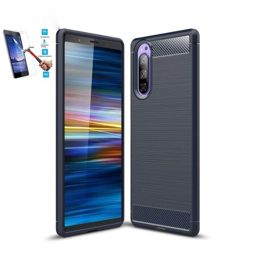 Coque Sony Xperia 5 Carbone Bleu Avec Film Verre Trempé Housse Etui En Silicone Gel Souple hfs-house®