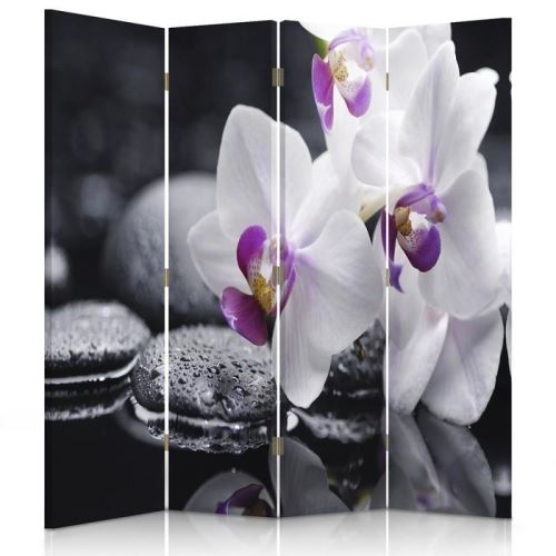 Feeby Décoration Paravent d'intérieur sur toile, 4 parties une face, Orchidée blanche Galets noirs 145x180 cm