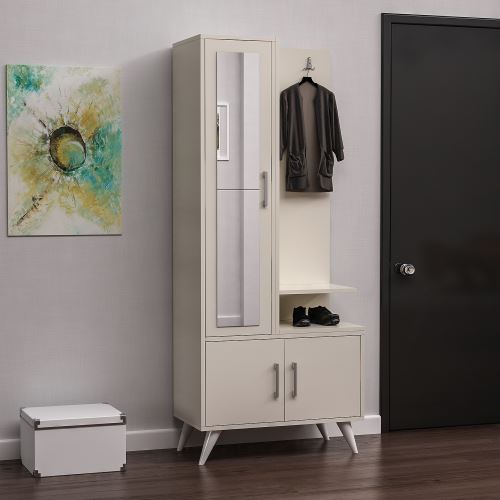 HOMEMANIA Vestiaire - Meuble d’Entree Safir Armoire - avec Étagères à Chaussures, Miroir, Portes, Étagères - Crème en Bois, 75 x 40 x 180 cm