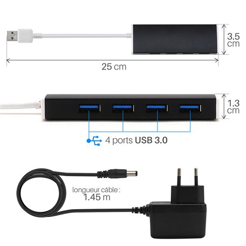 Hub USB 4 ports Waytex 12393 USB 3.0 auto-alimenté + Alimentation externe  fournie pour les périphériques à gros besoins d’énergie