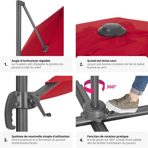 Tectake Parasol Déporté Excentré De Balcon à Pied Toile Inclinable En Aluminium 372 Cm X 300 Cm Rouge