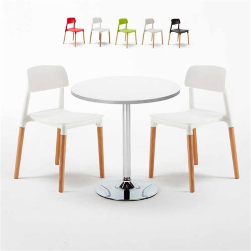 Table Ronde Blanche 70x70cm Avec 2 Chaises Colorées Set Intérieur Bar Café Barcellona LONG Island, Couleur: Blanc