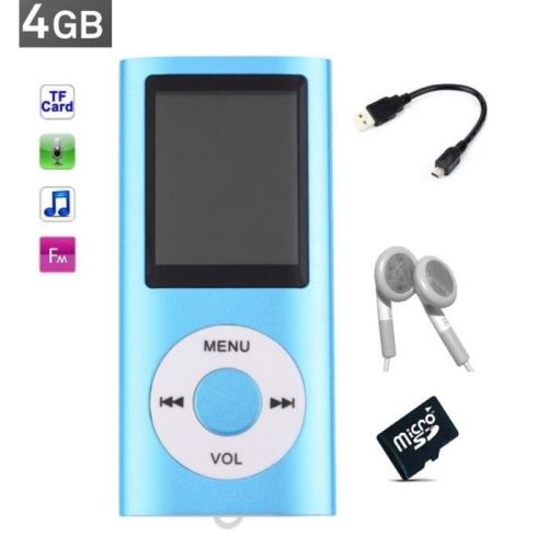 Lecteur MP3 MP4 - radio fm - à carte mémoire Micro sd - Bleu + carte 4 Go